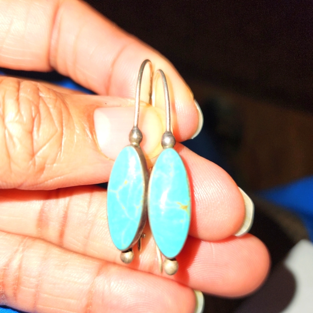 ATI Mexico Turquoise Bead Drop Dangle Wire Threader Sterling .925 Earrings